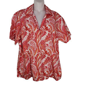 LANDS' END Womens Shirt Size 16 Button Up Paisley Coral Pink Orange Short Sleeve